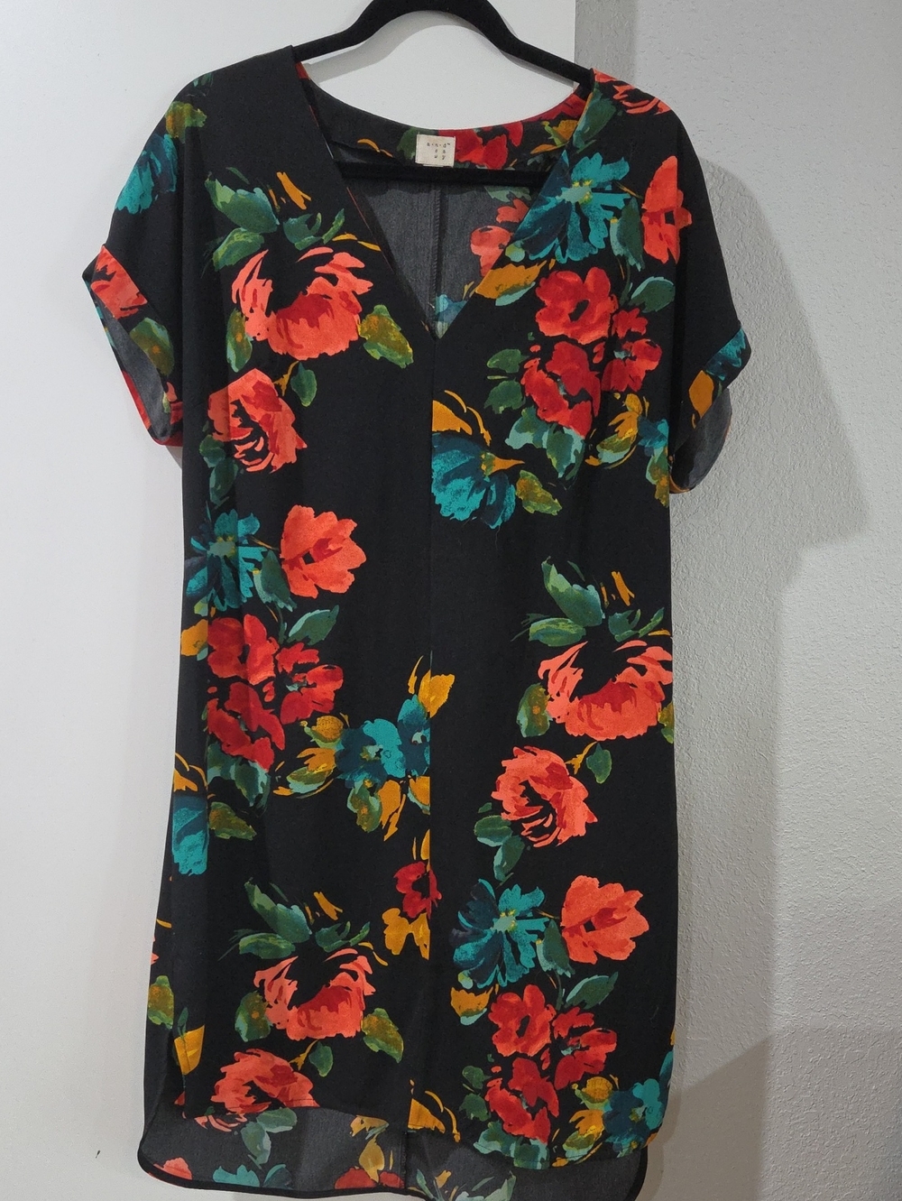 a new day Black Floral V-Neck Short Sleeve Dress with Red, Teal & Yellow Blooms